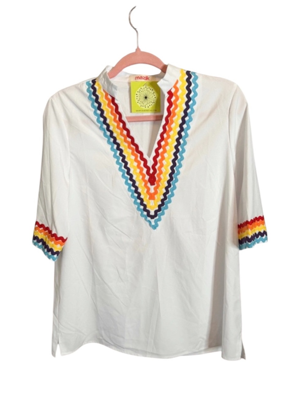 Mazik White Tunic with Multicolor Zigzag V-Neck